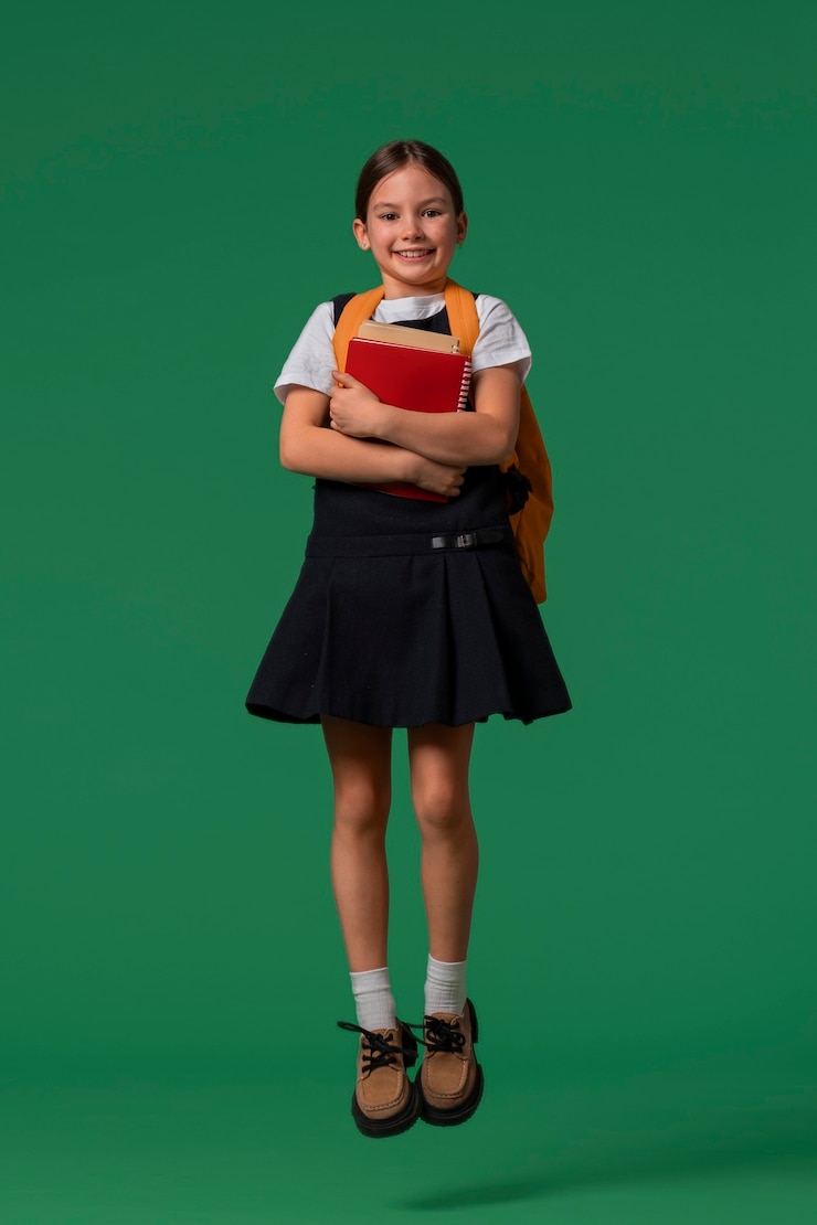 Photo gratuit portrait de jeune fille étudiante en uniforme scolaire sautant en l'air