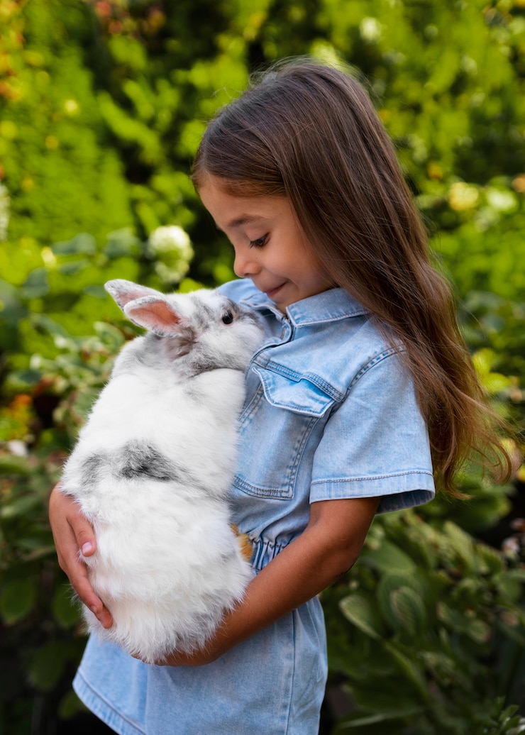 Photo gratuit portrait de jeune fille avec son lapin de compagnie
