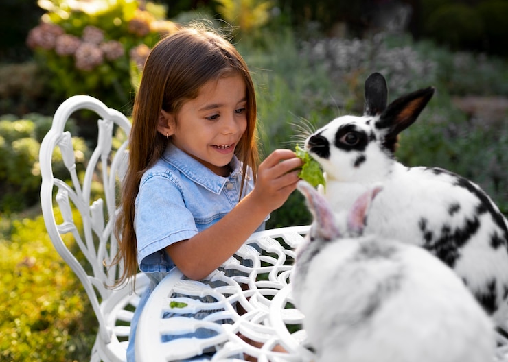 Photo gratuit portrait de jeune fille avec son lapin de compagnie