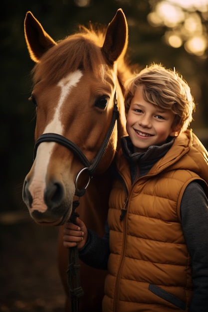 Photo gratuite portrait de jeune garçon avec cheval