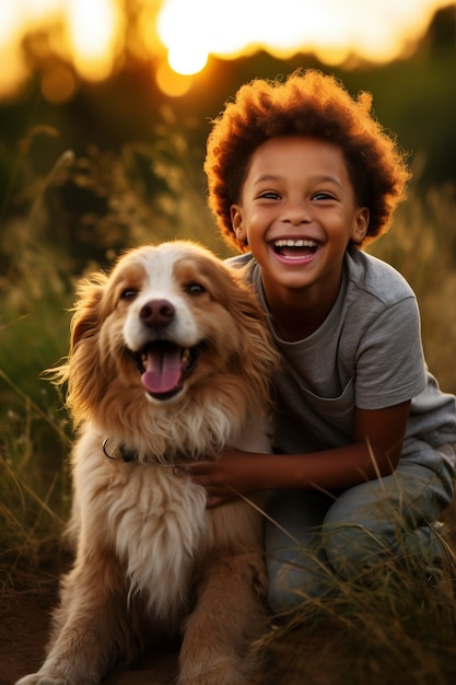 Portrait de jeune garçon avec chien