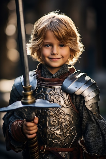 Photo gratuite portrait de jeune garçon avec costume de chevalier