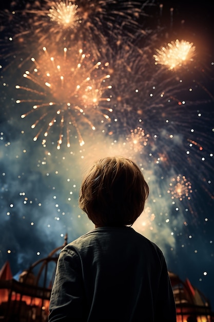 Portrait de jeune garçon avec feux d'artifice