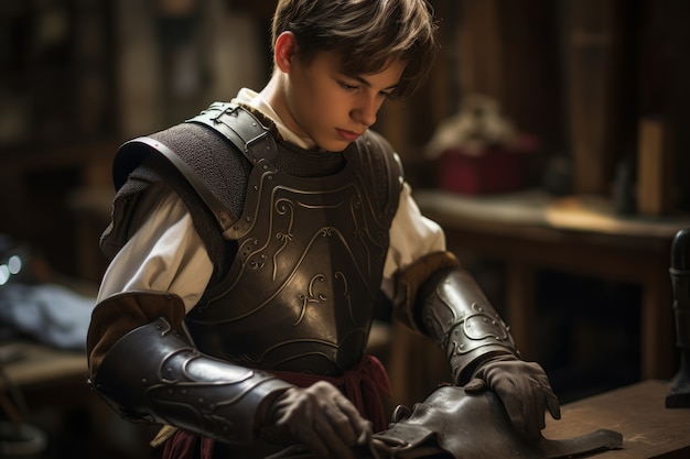 Photo gratuite portrait d'un jeune garçon guerrier à l'époque médiévale