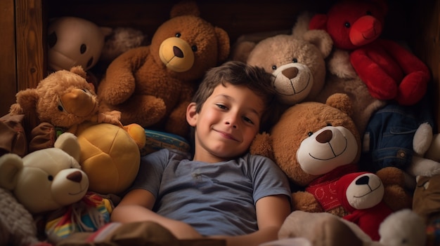 Portrait de jeune garçon avec des ours en peluche