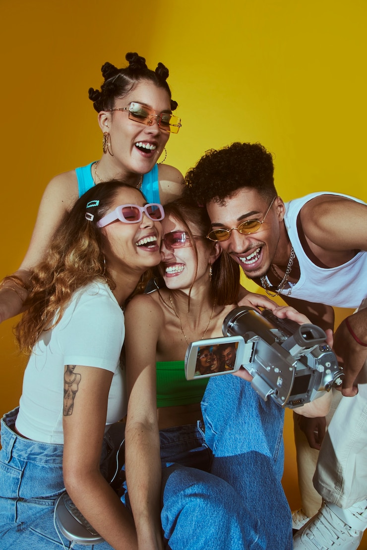 Photo gratuit portrait d'un jeune groupe d'amis dans le style de la mode des années 2000 posant avec un appareil photo