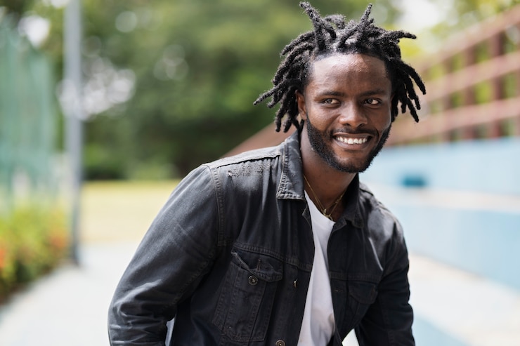 Photo gratuit portrait de jeune homme avec des dreadlocks afro et une veste