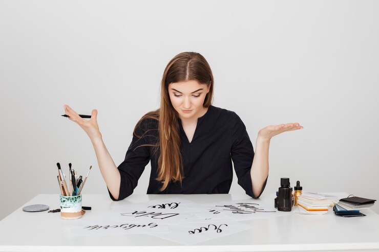 Photo gratuit portrait de jeune jolie femme assise au bureau blanc avec un stylo à la main et regardant pensivement des papiers isolés