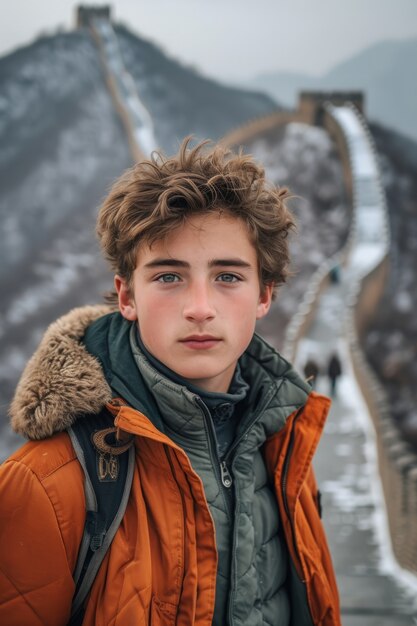 Portrait d'un jeune touriste adolescent visitant la Grande Muraille de Chine