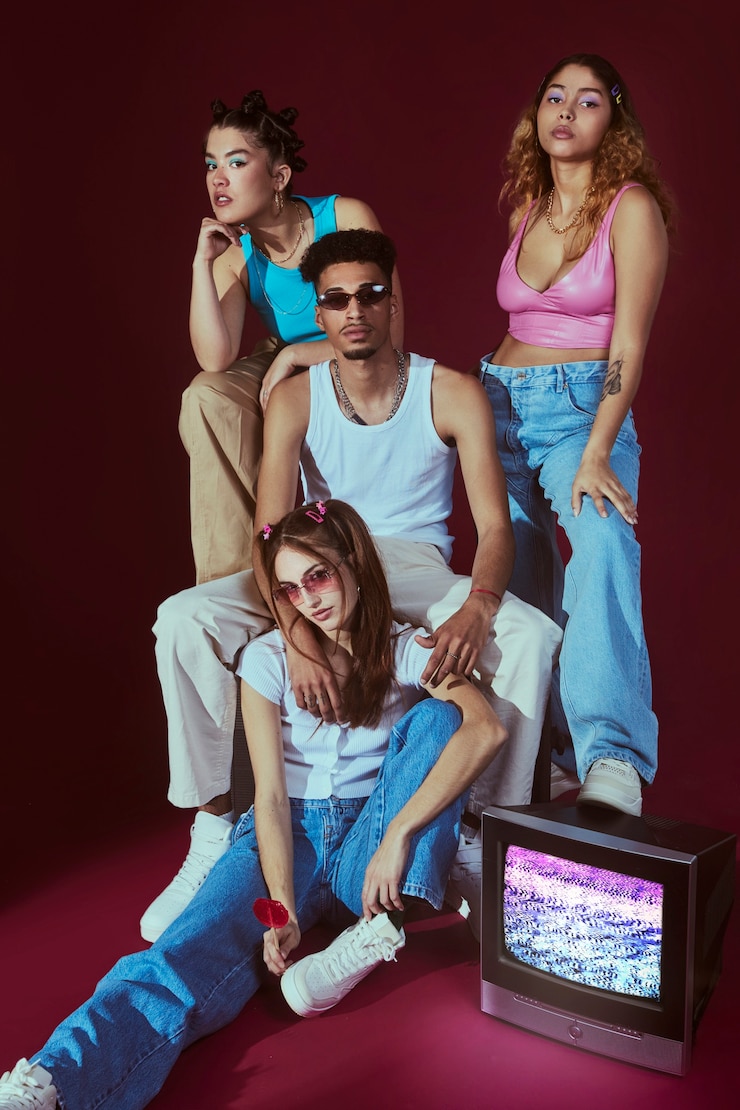 Photo gratuit portrait de jeunes amis dans le style de la mode des années 2000 posant avec la télévision