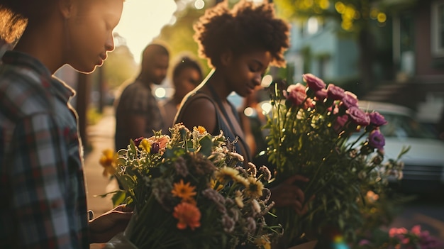 Photo gratuite portrait de jeunes au marché des fleurs de la communauté