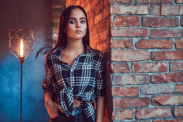 Portrait D'une Jolie Fille Hipster Portant Une Chemise En Flanelle S'appuyant Sur Le Mur Dans Une Pièce Avec Un Intérieur Loft.