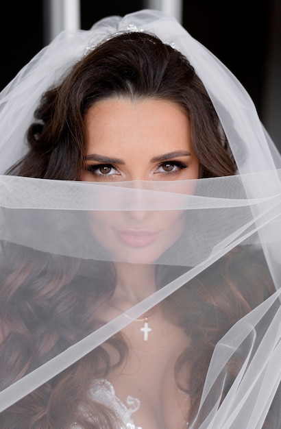 Photo gratuite portrait d'une jolie mariée brune à travers le voile