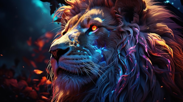 Portrait d'un lion dans une forêt sombre