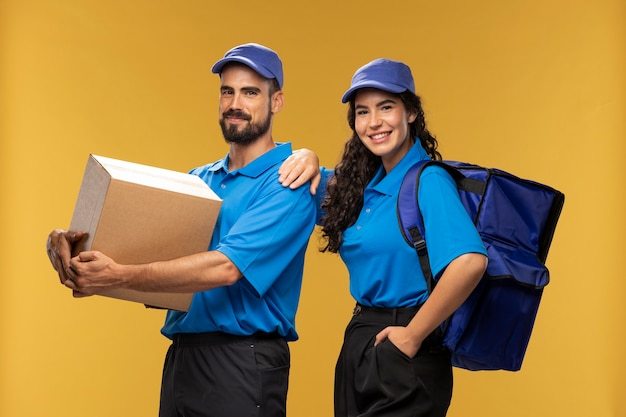 Photo gratuite portrait de livreurs masculins et féminins avec colis en carton et sac à dos