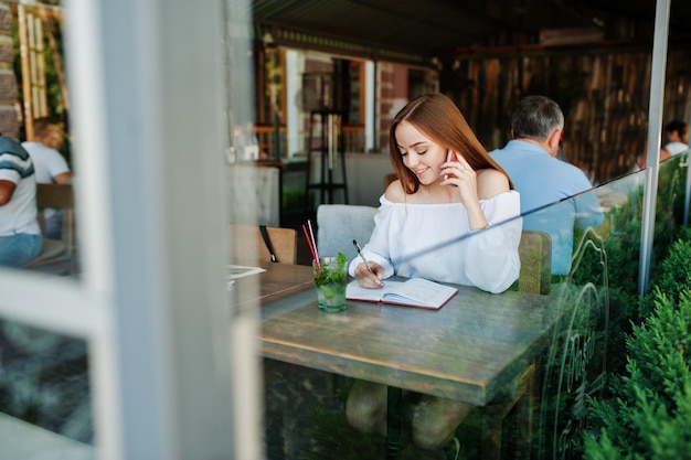 Photo gratuite portrait d'une magnifique jeune femme d'affaires parlant au téléphone et écrivant quelque chose dans son cahier rouge alors qu'elle était assise dans un café