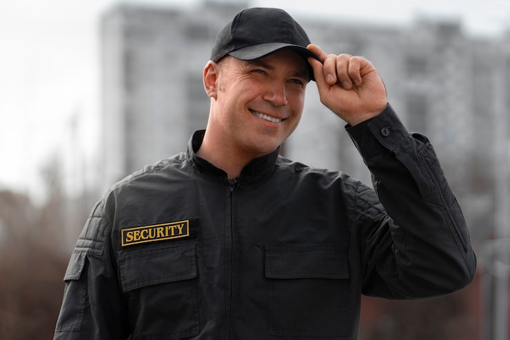 Photo gratuit portrait, de, mâle, garde sécurité, à, uniforme