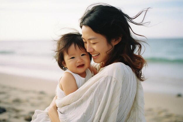 Portrait d'une mère et d'un enfant affectueux sur la plage