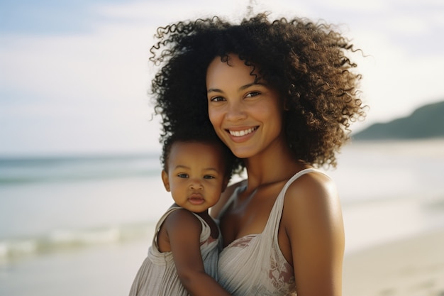 Photo gratuite portrait d'une mère et d'un enfant affectueux sur la plage