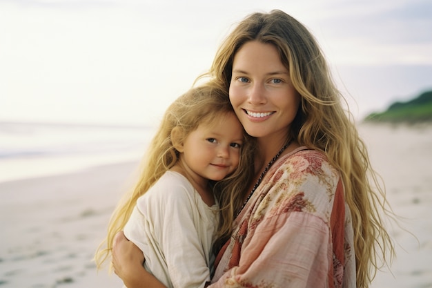 Photo gratuite portrait d'une mère et d'un enfant affectueux sur la plage