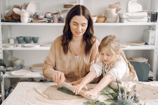 Portrait de mère et petite fille façonner ensemble l'argile