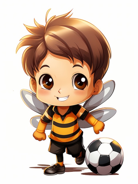 Portrait d'un mignon garçon de dessin animé avec un costume d'abeille et une balle