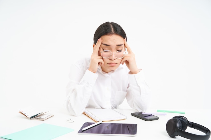 Photo gratuit portrait en milieu de travail et d'affaires d'une femme fatiguée dans un employé de l'entreprise de bureau assis au bureau avec exhauste