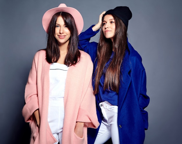 portrait de mode de deux modèles de femmes brune souriante en été pardessus hipster décontracté posant sur gris