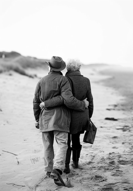 Portrait monochrome d'un couple de personnes âgées sur la plage