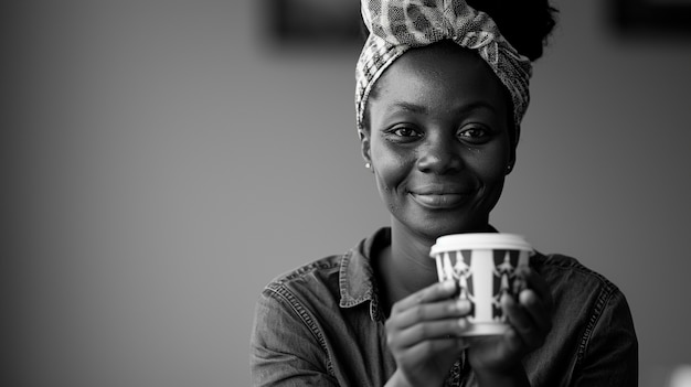 Photo gratuite portrait monochrome d'une femme buvant du thé dans une tasse