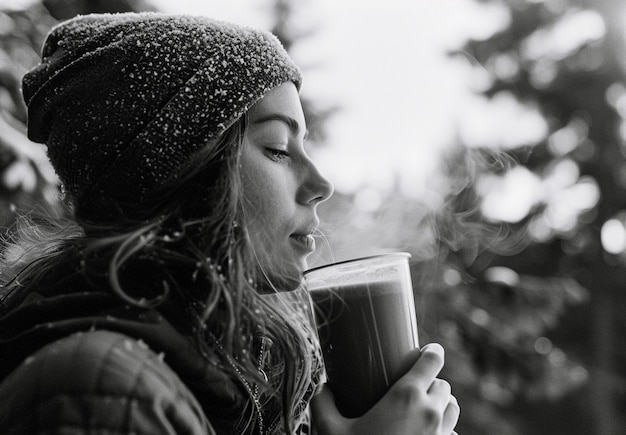 Photo gratuite portrait monochrome d'une femme buvant un verre chaud en hiver