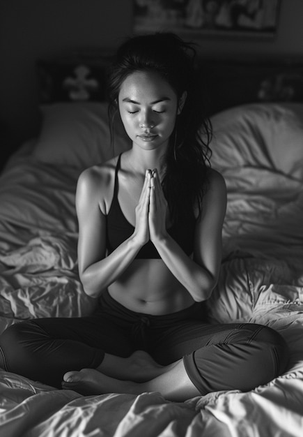 Photo gratuite portrait monochrome d'une femme pratiquant la méditation