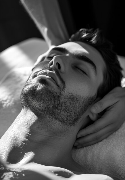 Portrait monochrome d'un homme qui reçoit un massage