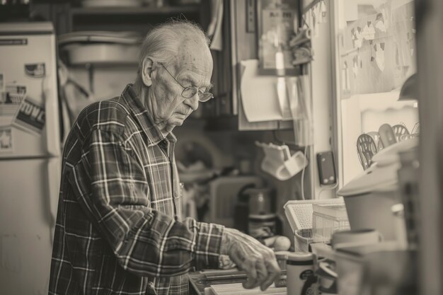 Portrait monochrome d'un homme rétro faisant des travaux ménagers et des tâches ménagères