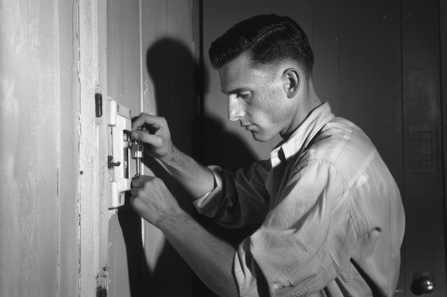 Photo gratuite portrait monochrome d'un homme rétro faisant des travaux ménagers et des tâches ménagères