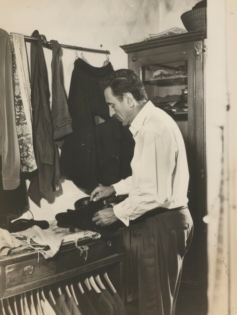 Portrait monochrome d'un homme rétro faisant des travaux ménagers et des tâches ménagères