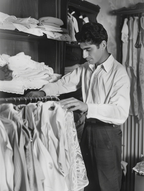 Portrait monochrome d'un homme rétro faisant des travaux ménagers et des tâches ménagères