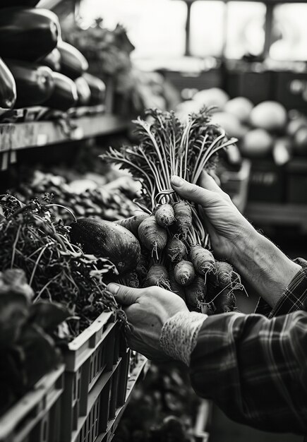 Portrait monochrome d'une personne avec des produits frais