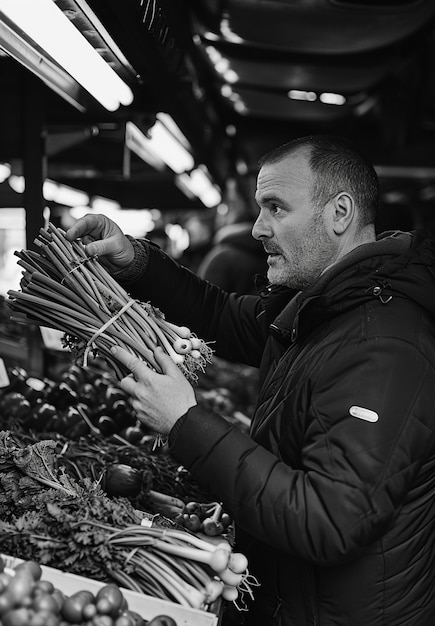 Portrait monochrome d'une personne avec des produits frais