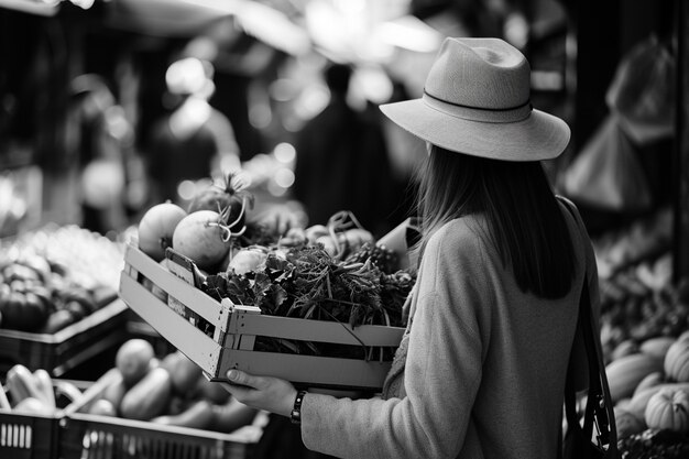 Portrait monochrome d'une personne avec des produits frais