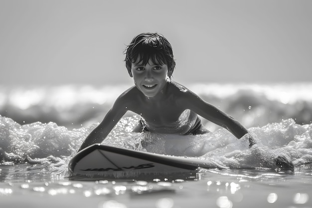 Photo gratuite portrait monochrome d'une personne surfant parmi les vagues