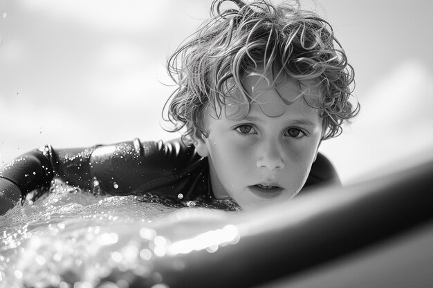 Portrait monochrome d'une personne surfant parmi les vagues