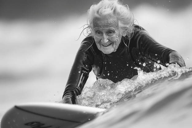 Portrait monochrome d'une personne surfant parmi les vagues