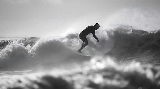 Photo gratuite portrait monochrome d'une personne surfant parmi les vagues