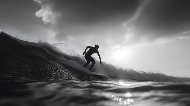 Portrait monochrome d'une personne surfant parmi les vagues