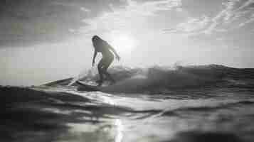 Photo gratuite portrait monochrome d'une personne surfant parmi les vagues