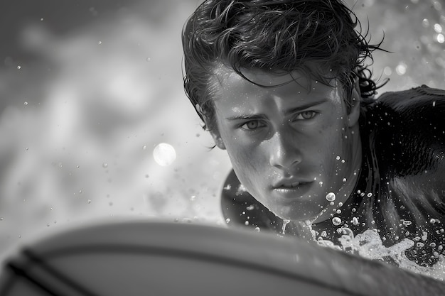 Photo gratuite portrait monochrome d'une personne surfant parmi les vagues