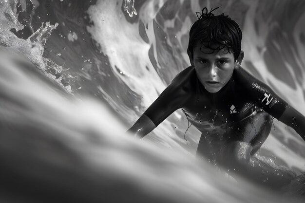 Portrait monochrome d'une personne surfant parmi les vagues