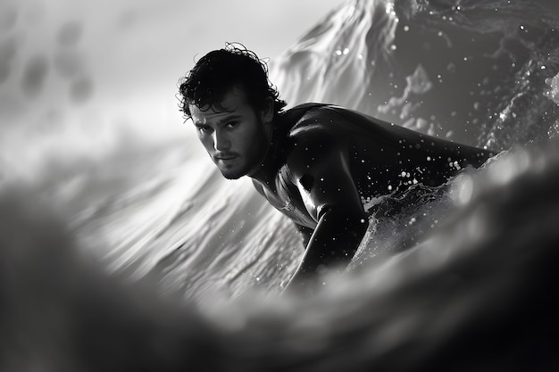 Photo gratuite portrait monochrome d'une personne surfant parmi les vagues