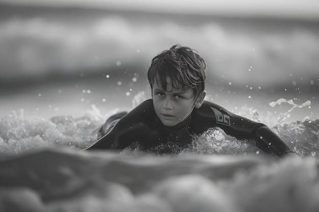 Photo gratuite portrait monochrome d'une personne surfant parmi les vagues